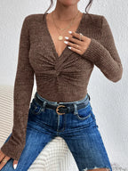 Design Kink Deep V-Neck Solid Color Slim Sweater Top Women