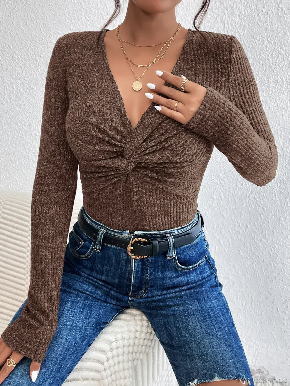 Design Kink Deep V-Neck Solid Color Slim Sweater Top Women