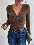 Design Kink Deep V-Neck Solid Color Slim Sweater Top Women