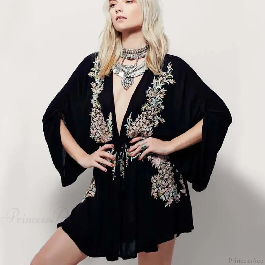 Floral Embroidery Boho Dress Beach Deep V-Neck Mini Party