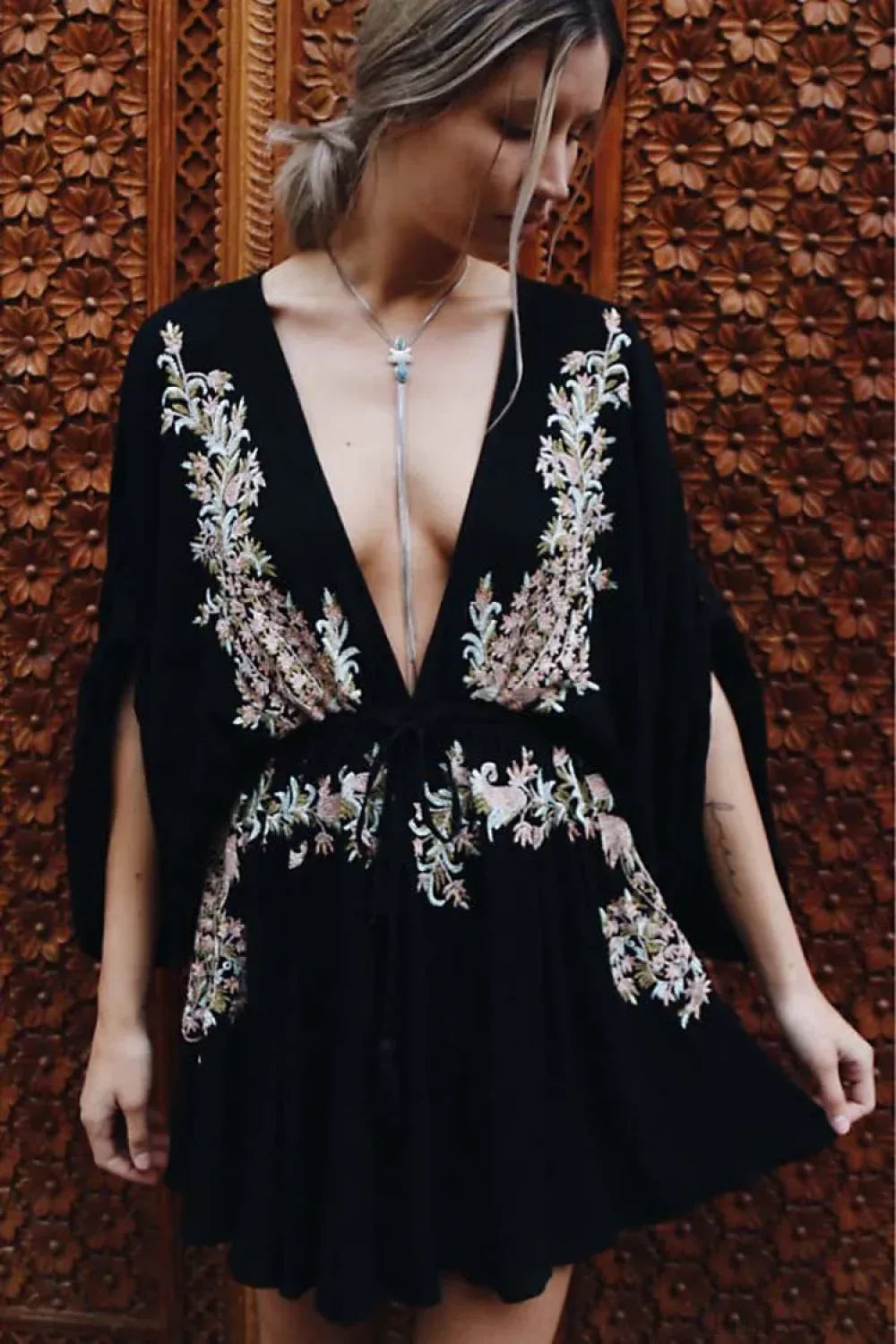 Floral Embroidery Boho Dress Beach Deep V-Neck Mini Party