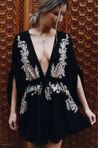 Floral Embroidery Boho Dress Beach Deep V-Neck Mini Party