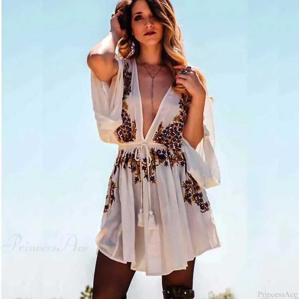 Floral Embroidery Boho Dress Beach Deep V-Neck Mini Party