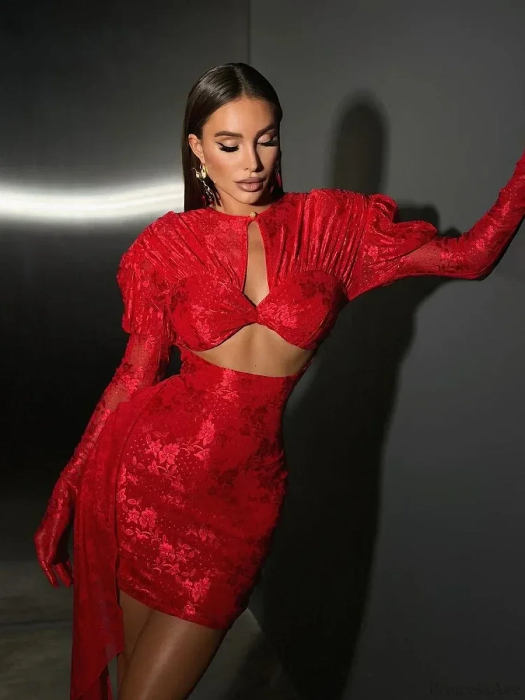Gloves Long Sleeves Cutout Pleated Draped Mini Party Dress