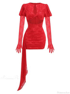 Gloves Long Sleeves Cutout Pleated Draped Mini Party Dress