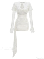 Gloves Long Sleeves Cutout Pleated Draped Mini Party Dress