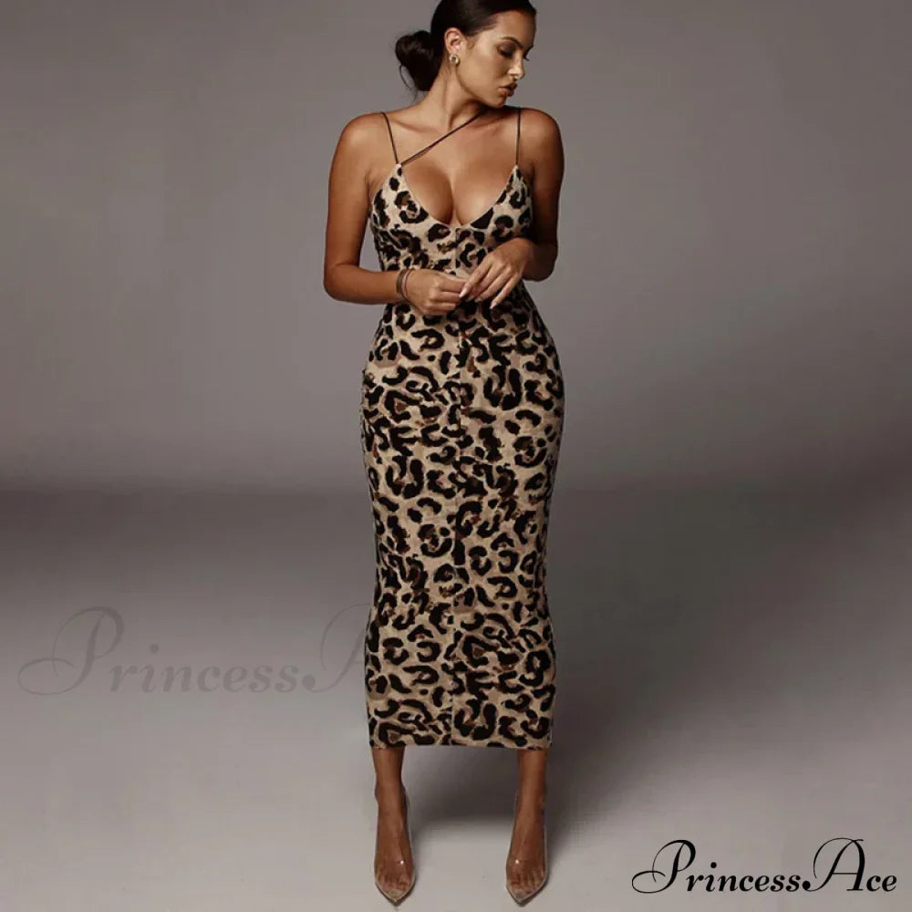Spaghetti Strap Leopard Print Sleeveless V-Neck Maxi Evening Party Bodycon Dress