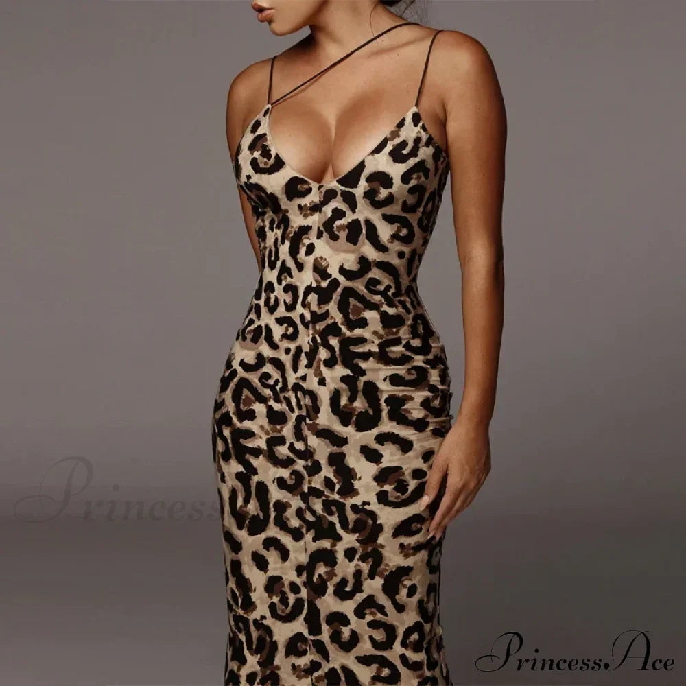 Spaghetti Strap Leopard Print Sleeveless V-Neck Maxi Evening Party Bodycon Dress