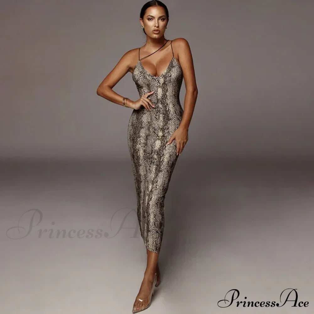 Spaghetti Strap Leopard Print Sleeveless V-Neck Maxi Evening Party Bodycon Dress
