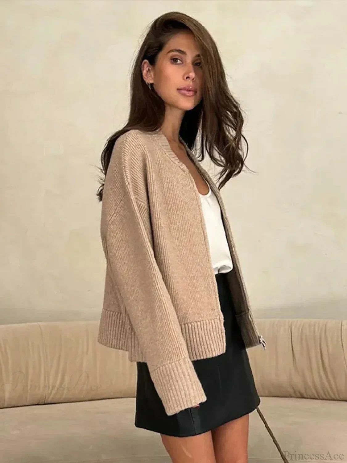 O-Neck Zipper Loose Knit Cardigan