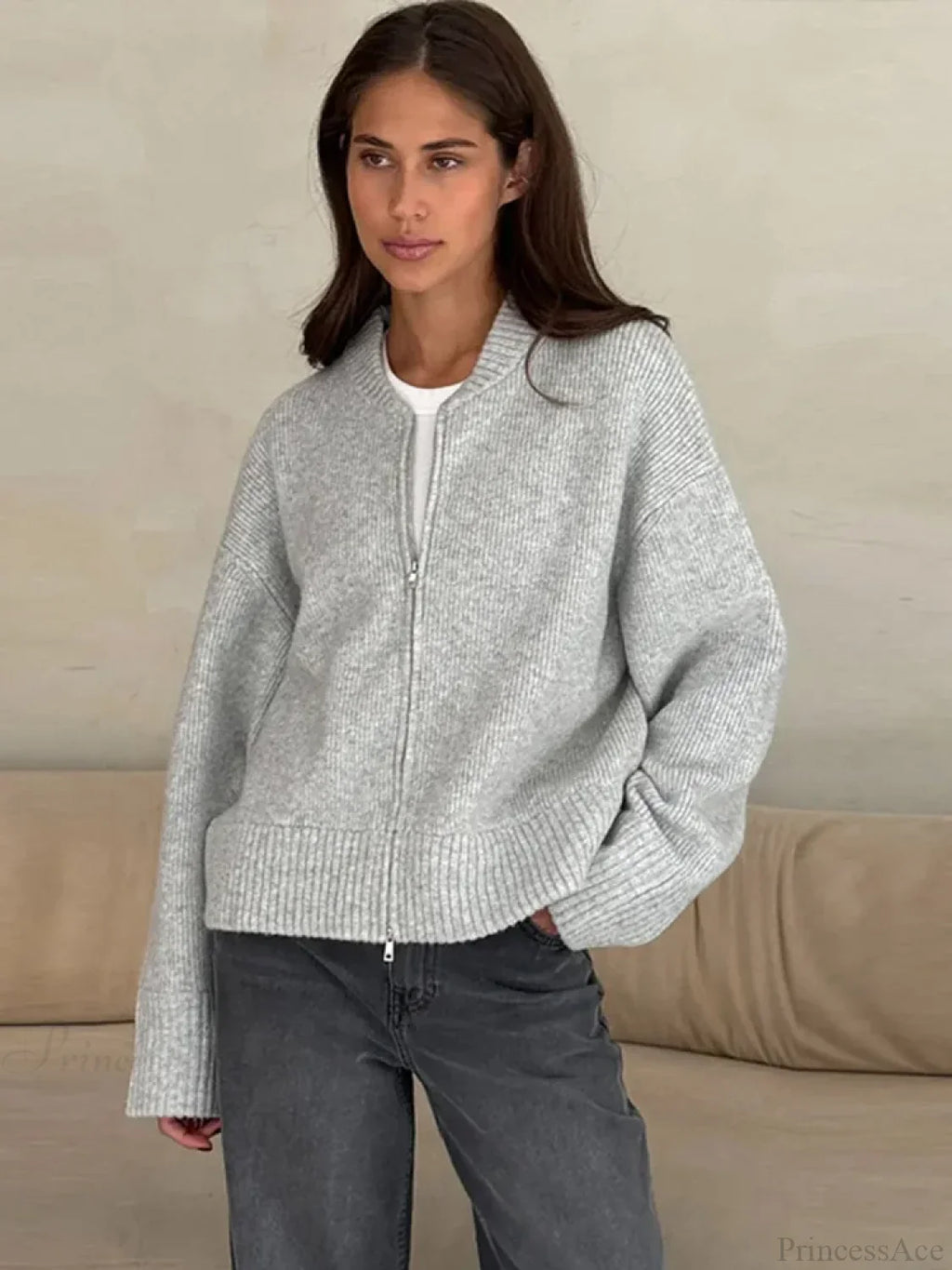 O-Neck Zipper Loose Knit Cardigan