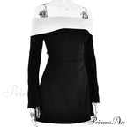 Off-Shoulder Contrast Long Charming Sleeve Mini Dress