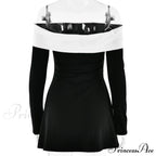 Off-Shoulder Contrast Long Charming Sleeve Mini Dress