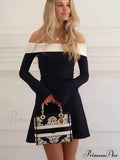 Off-Shoulder Contrast Long Charming Sleeve Mini Dress