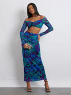 Off-Shoulder Crop Top High Waist Long Floral Skirt