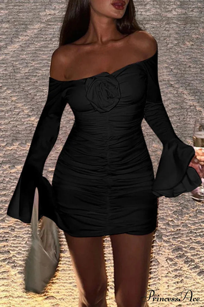 Off-Shoulder Dress With Flares Sleeves And Floral Gathered Design
