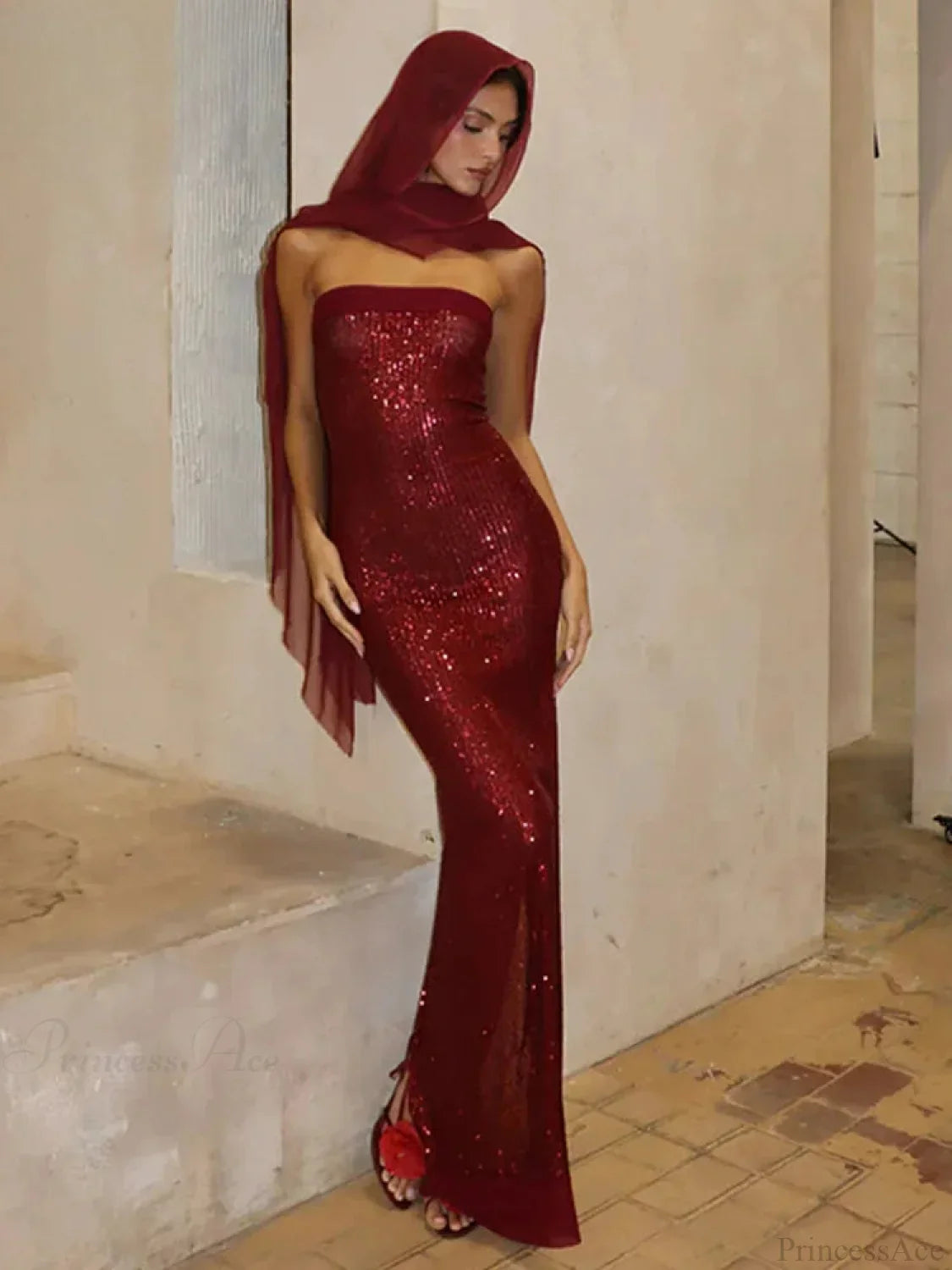 Off-Shoulder High Split Sequin Party Dress