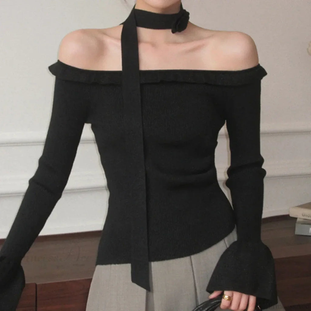Off Shoulder Knit Crop Long Flare Sleeve Ruffle Trim Top
