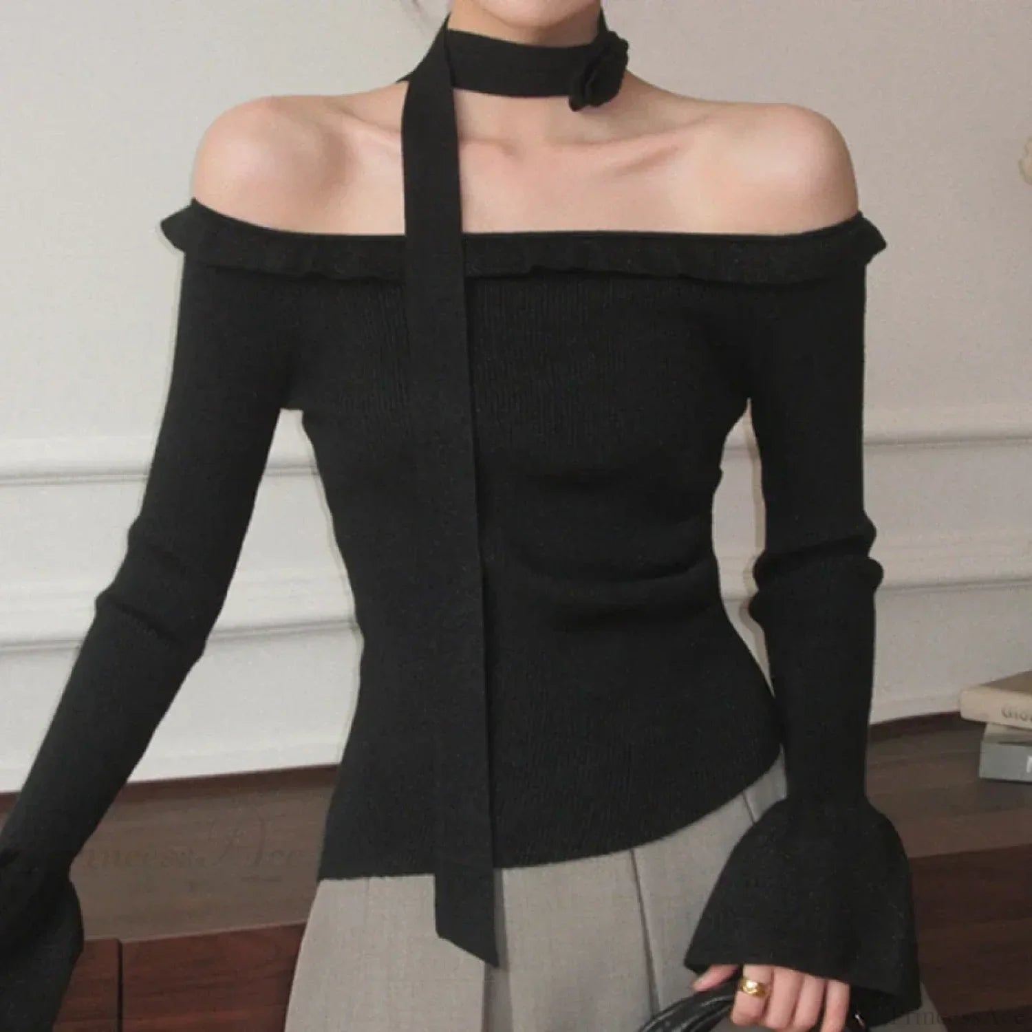 Off Shoulder Knit Crop Long Flare Sleeve Ruffle Trim Top