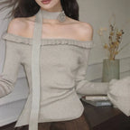 Off Shoulder Knit Crop Long Flare Sleeve Ruffle Trim Top