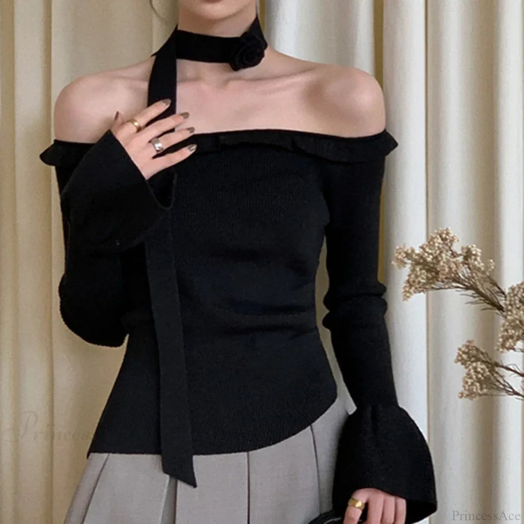 Off Shoulder Knit Crop Long Flare Sleeve Ruffle Trim Top
