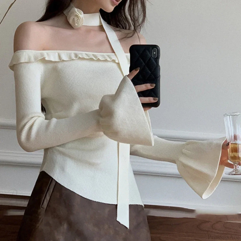 Off Shoulder Knit Crop Long Flare Sleeve Ruffle Trim Top