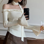 Off Shoulder Knit Crop Long Flare Sleeve Ruffle Trim Top