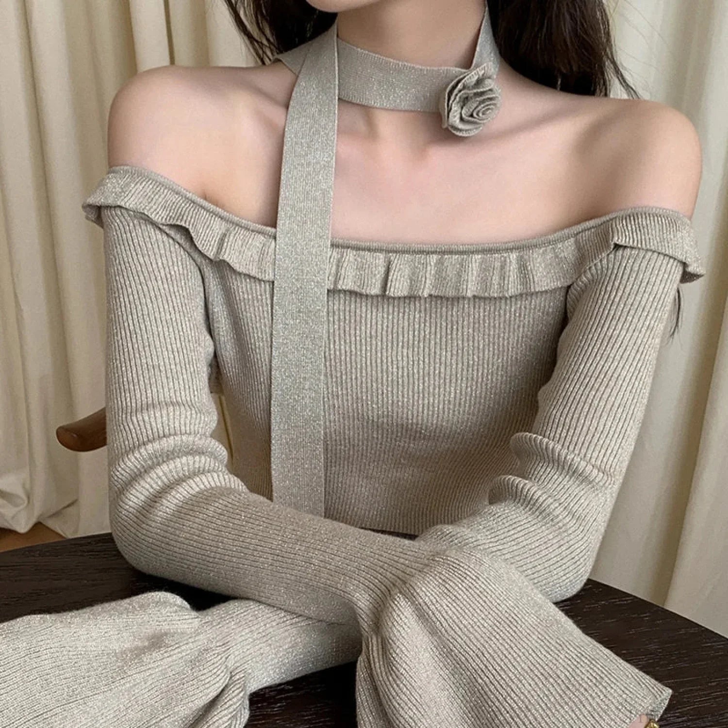 Off Shoulder Knit Crop Long Flare Sleeve Ruffle Trim Top