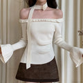 Off Shoulder Knit Crop Long Flare Sleeve Ruffle Trim Top