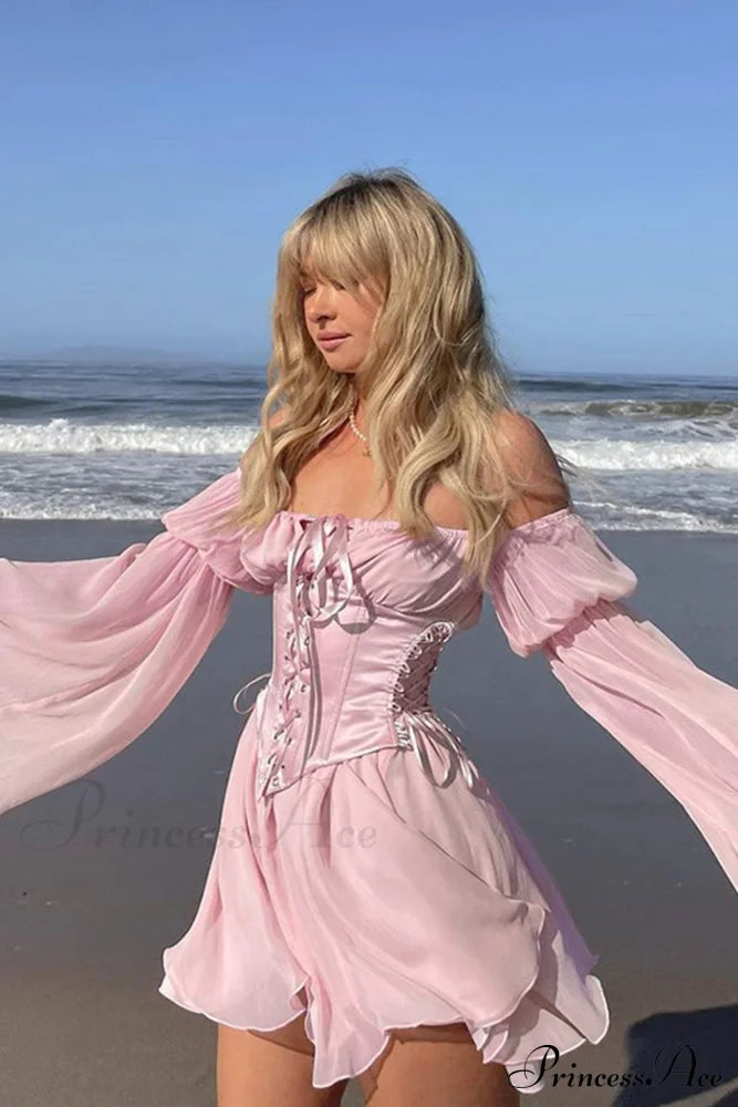 Off Shoulder Lace-Up Corset Ruched Dress