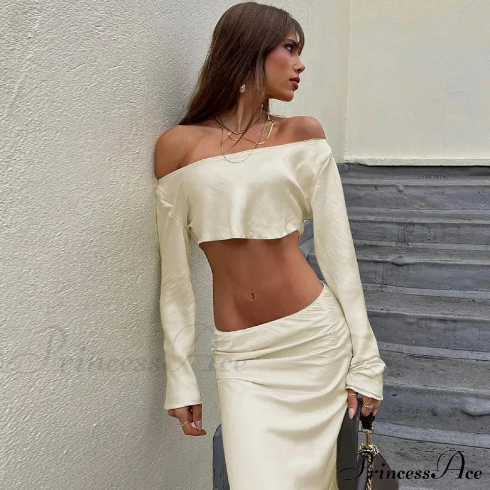 Off Shoulder Long Sleeve Top And Skirt 2 Piece Set Asymmetric Silky Co-Ords Matching Sets Midi Dress