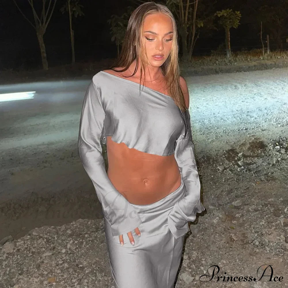 Off Shoulder Long Sleeve Top And Skirt 2 Piece Set Asymmetric Silky Co-Ords Matching Sets Midi Dress