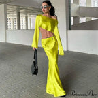 Off Shoulder Long Sleeve Top And Skirt 2 Piece Set Asymmetric Silky Co-Ords Matching Sets Midi Dress