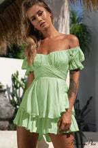 Off Shoulder Ruffled Skirt Pants With Tie Back