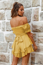 Off Shoulder Ruffled Skirt Pants With Tie Back