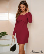 Off Shoulder Solid Full Sleeve Office Dress With Half Open Collar