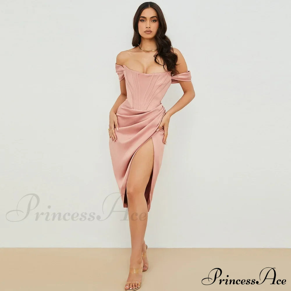 Off Shoulder Split Corset Midi Dress