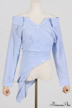 Off Shoulder Striped Blouse With Irregular Long Sleeves