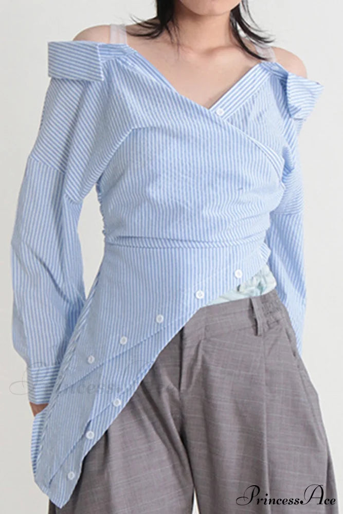 Off Shoulder Striped Blouse With Irregular Long Sleeves