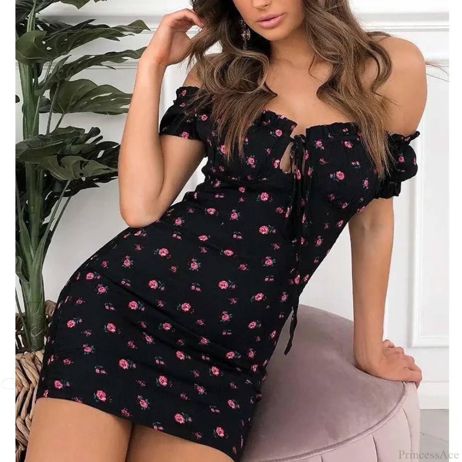 Off Shoulder Tie-Up Floral Print Ruffle Dress