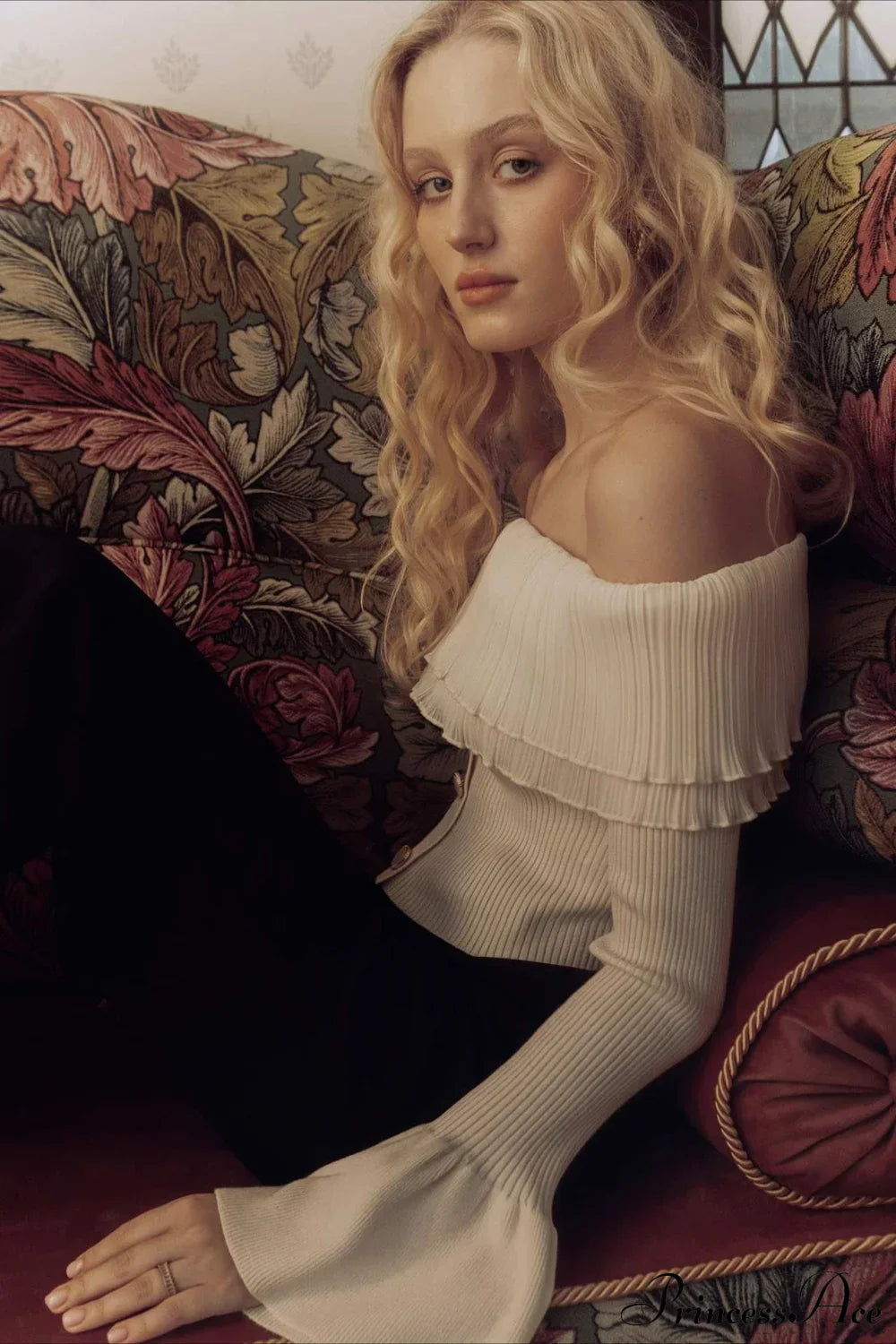 Off-The-Shoulder French Button-Panel Knit Sweater