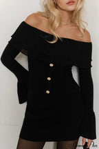 Off-The-Shoulder French Button-Panel Knit Sweater