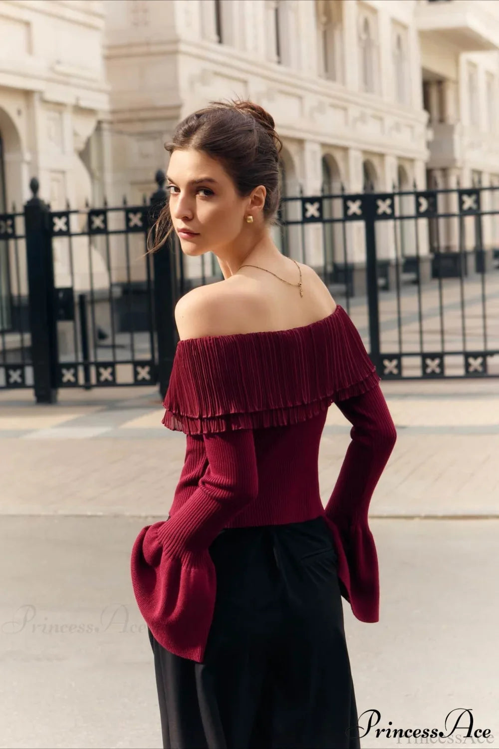 Off-The-Shoulder French Button-Panel Knit Sweater