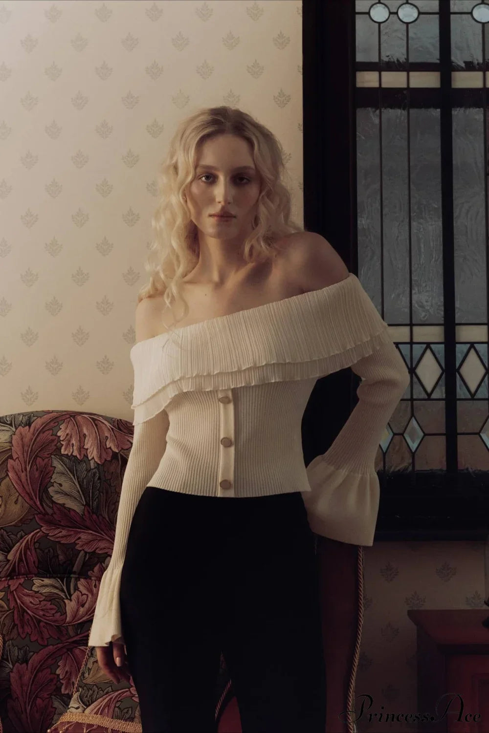 Off-The-Shoulder French Button-Panel Knit Sweater