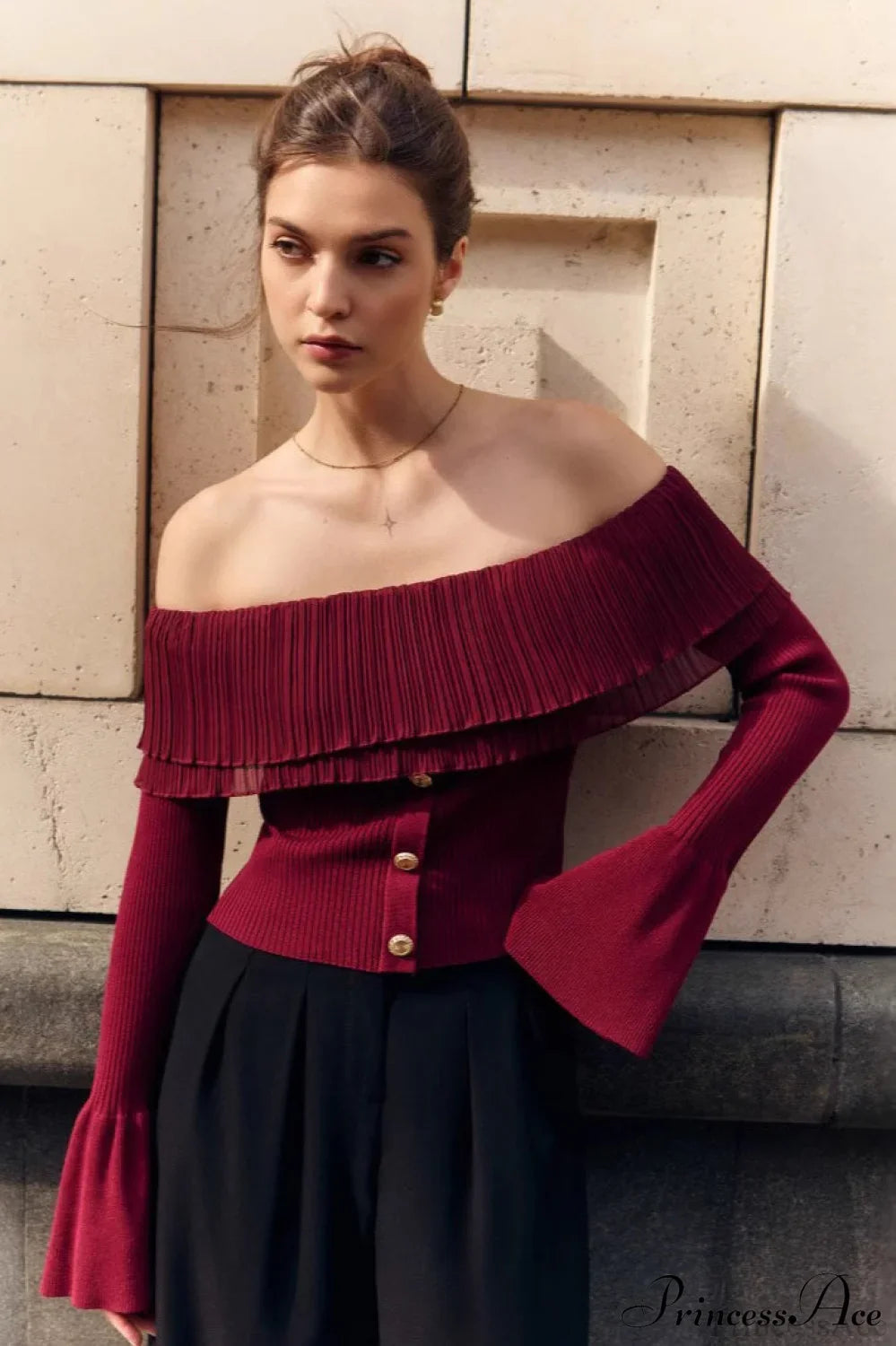 Off-The-Shoulder French Button-Panel Knit Sweater