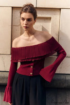 Off-The-Shoulder French Button-Panel Knit Sweater
