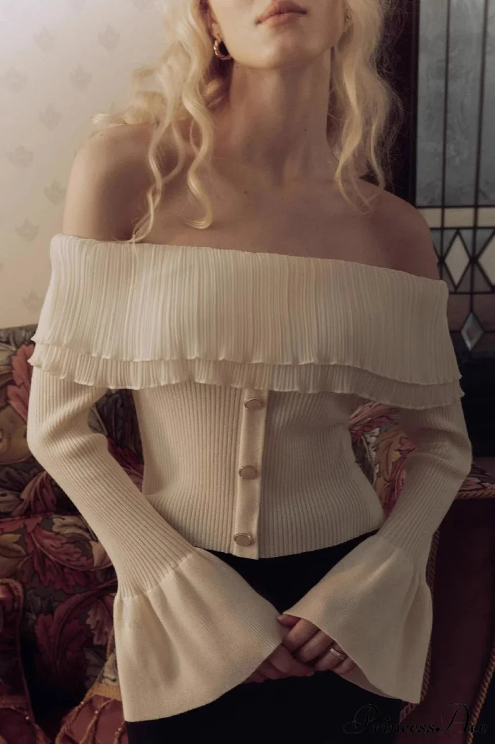Off-The-Shoulder French Button-Panel Knit Sweater