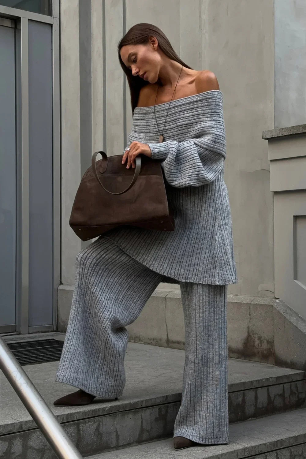 Off-The-Shoulder Ribbed Knit Wide Sleeve Flowy Pants Two Piece Set
