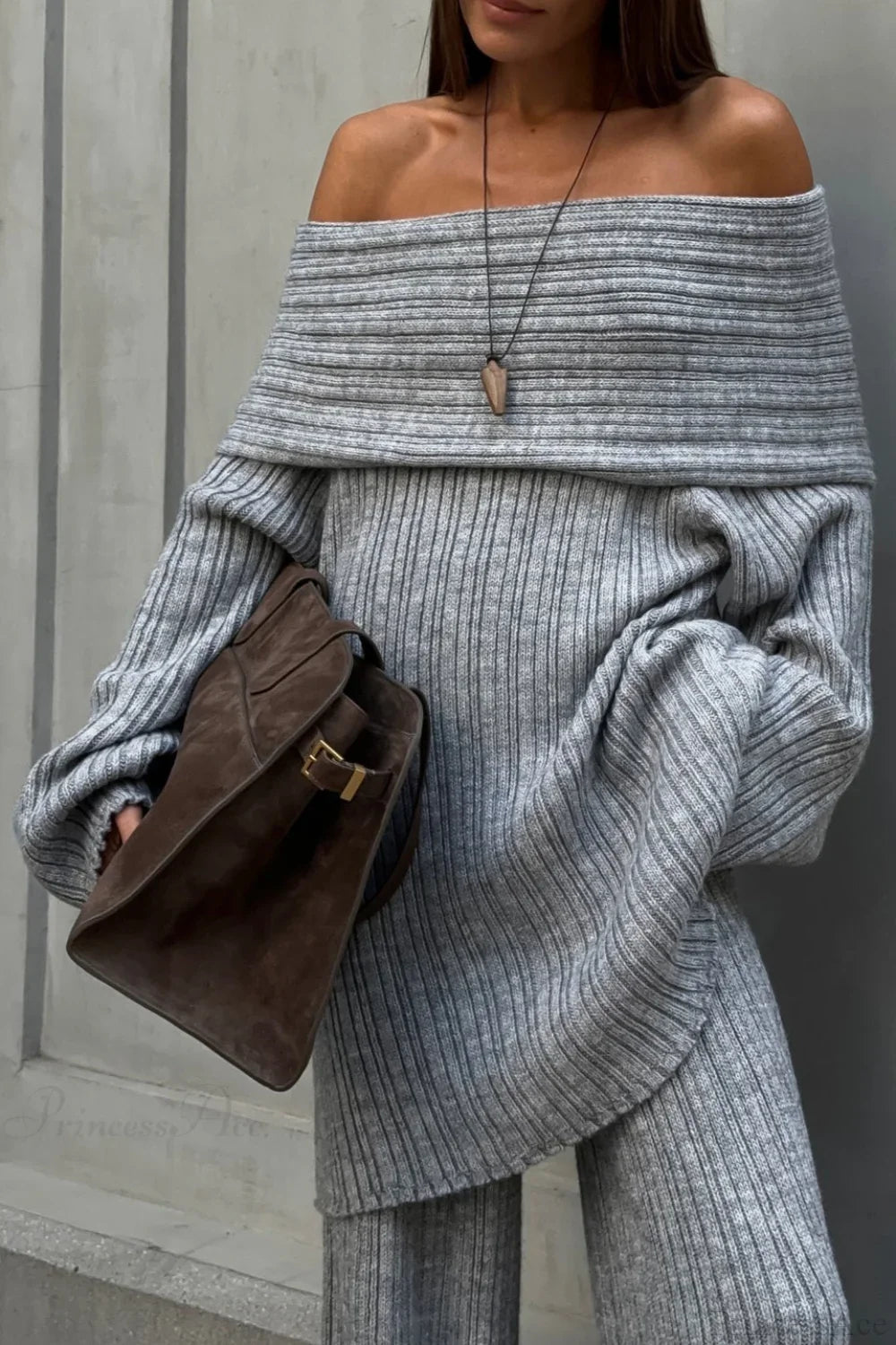 Off-The-Shoulder Ribbed Knit Wide Sleeve Flowy Pants Two Piece Set