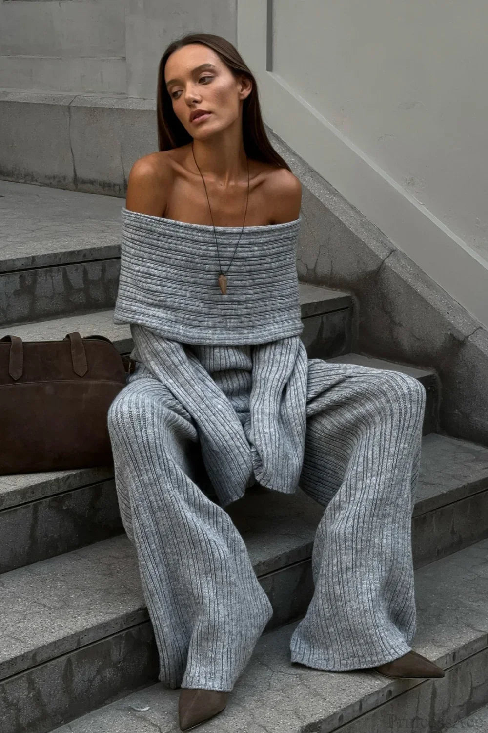 Off-The-Shoulder Ribbed Knit Wide Sleeve Flowy Pants Two Piece Set